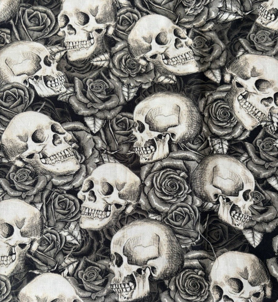Skulls and Roses Cotton Fabric – Halloween – Black, Gray, White – 1 yard