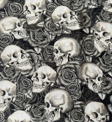 Skulls and Roses Cotton Fabric – Halloween – Black, Gray, White – 1 yard