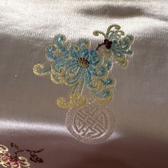 Asian brocade fabric Silver with yellow, pink, Blue,flowers. Wide 28” BTY