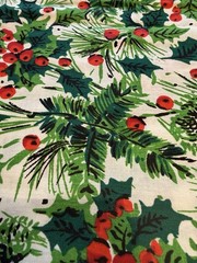 Vintage Christmas Fabric Spring Mills Red Green Holly Berry Pine 2 Pieces