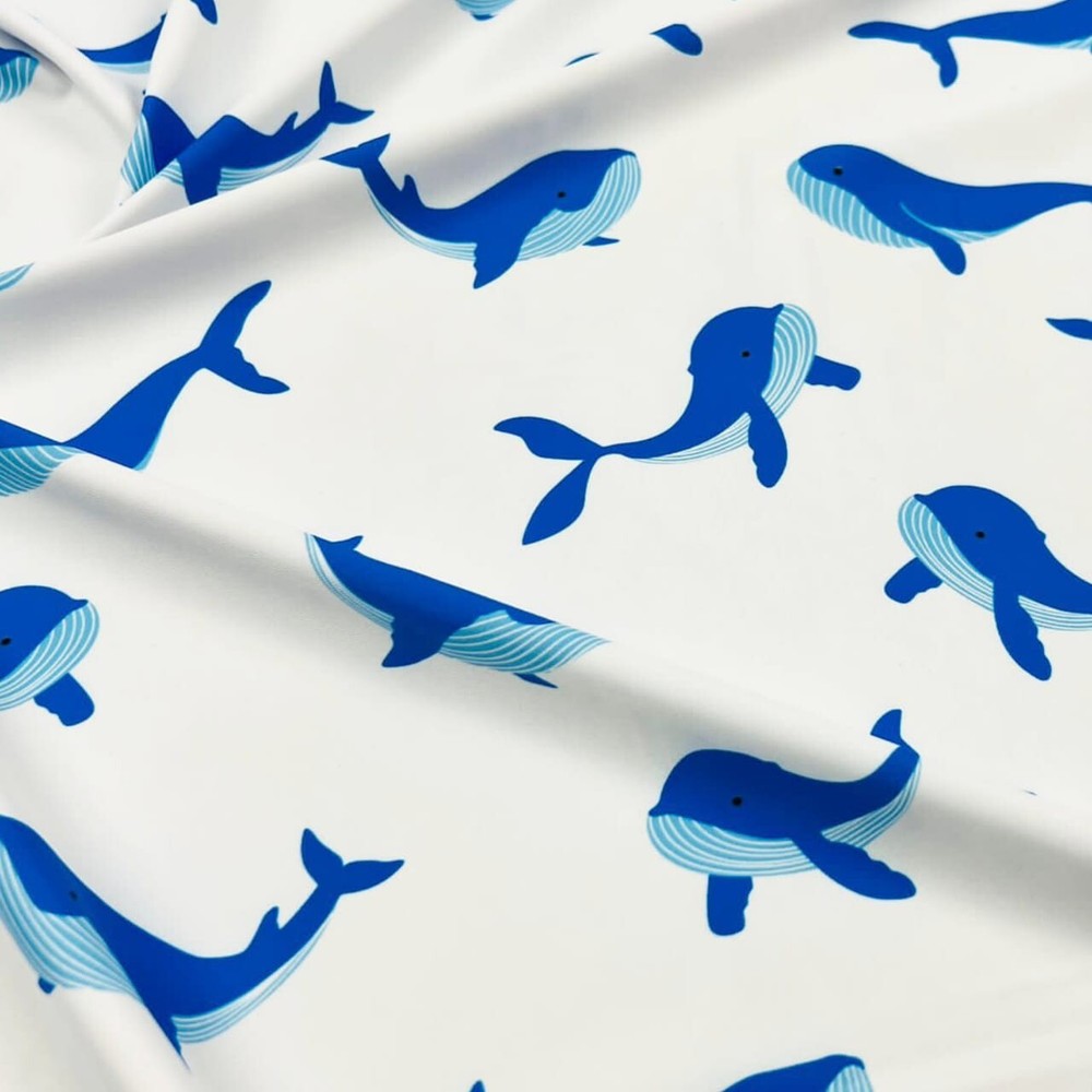 Spandex Fabric Whales White Print 4-way Stretch 60″ wide Swimsuit By the Yard