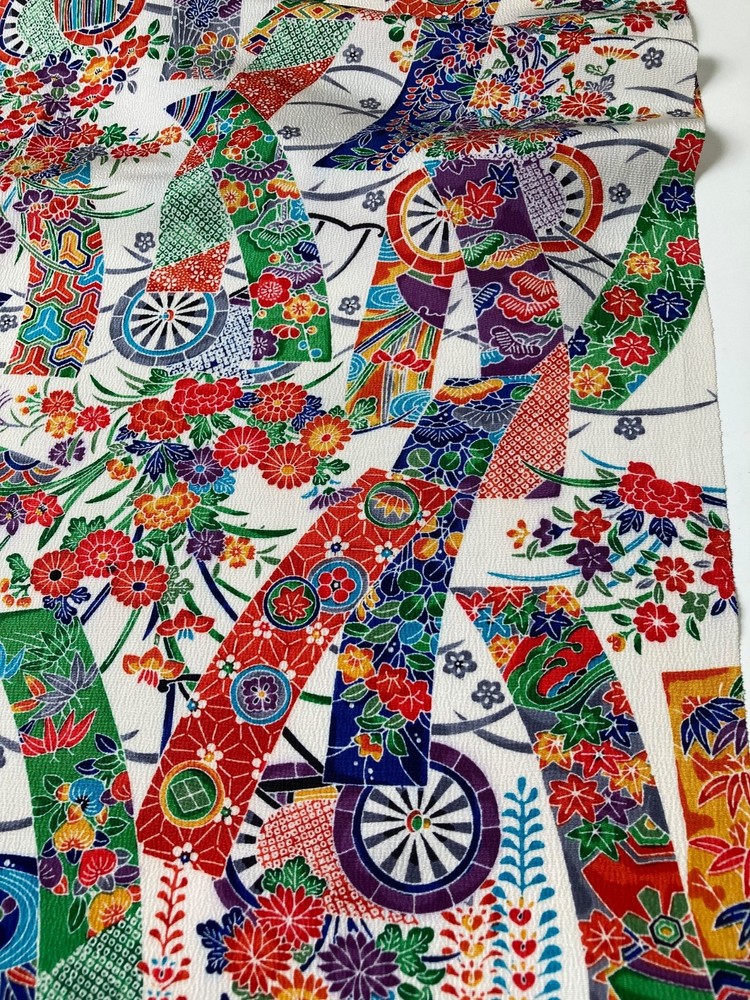 Vintage Japanese kimono silk fabric / white base, floral Tanzaku AB30
