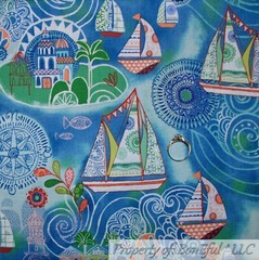 BonEful Fabric FQ Cotton Quilt White Red Aqua Blue Cat Fish Bone Stripe American