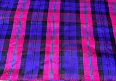 VIBRANT PLAID FABRIC 100% SILK DUPION SLUB TEXTURE MAGENTA VIOLET BLUE BLACK BTY