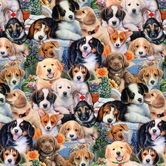 Fabric Dogs Garden Puppies DTEXTILES Cotton 1/4 Yard 1676