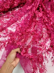 Flower 3D Lace Fuchsia Beaded Lace 3D Embroidered Fabric by Yard For Dress Prom