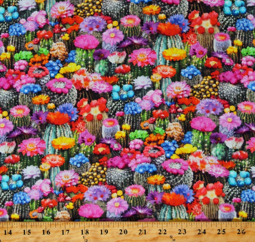 Cotton Desert Cactus Flowering Cacti Plants Floral Fabric Print BTY D466.63