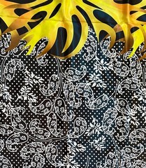 African Print, Satin Fabric- Black, Yellow “Swirl of Ibukun”, Yard or Wholesale