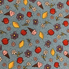“Village People” Floral Fabric By Fabri-Quilt Apples Lemons Ice Cream Blue BTY