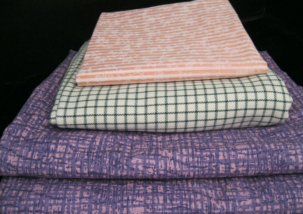4 PIECES OF FABRIC LAVENDER PINK STRIPED WITH FLOWERS AND BLACK AND WHITE CHECKS