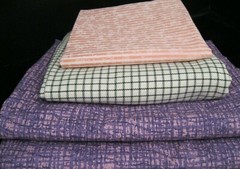 4 PIECES OF FABRIC LAVENDER PINK STRIPED WITH FLOWERS AND BLACK AND WHITE CHECKS