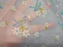 VTG SHEER BLUE FABRIC FLOCKED WHITE FLOWERS DAISY BOUQUET BY THE HALF YARD