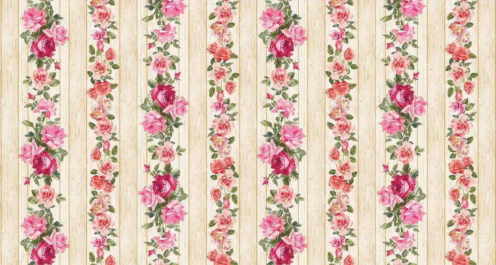 Floral Fabric | Romance Rose Stripe on Wood Natural | Timeless Treasures YARD
