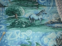 Vintage Cranston Fabric Magical Dragons Wizards Castles Unicorns 34″ L x 44″ W