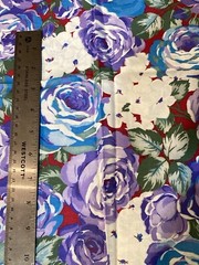 Large Roses Purple Blue White Flowers on Dark Red 17″ x 42″ Width Cotton Fabric