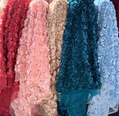 Maci CORAL 3D Floral Polyester Satin Rosette on Mesh Fabric by the Yard – 10057