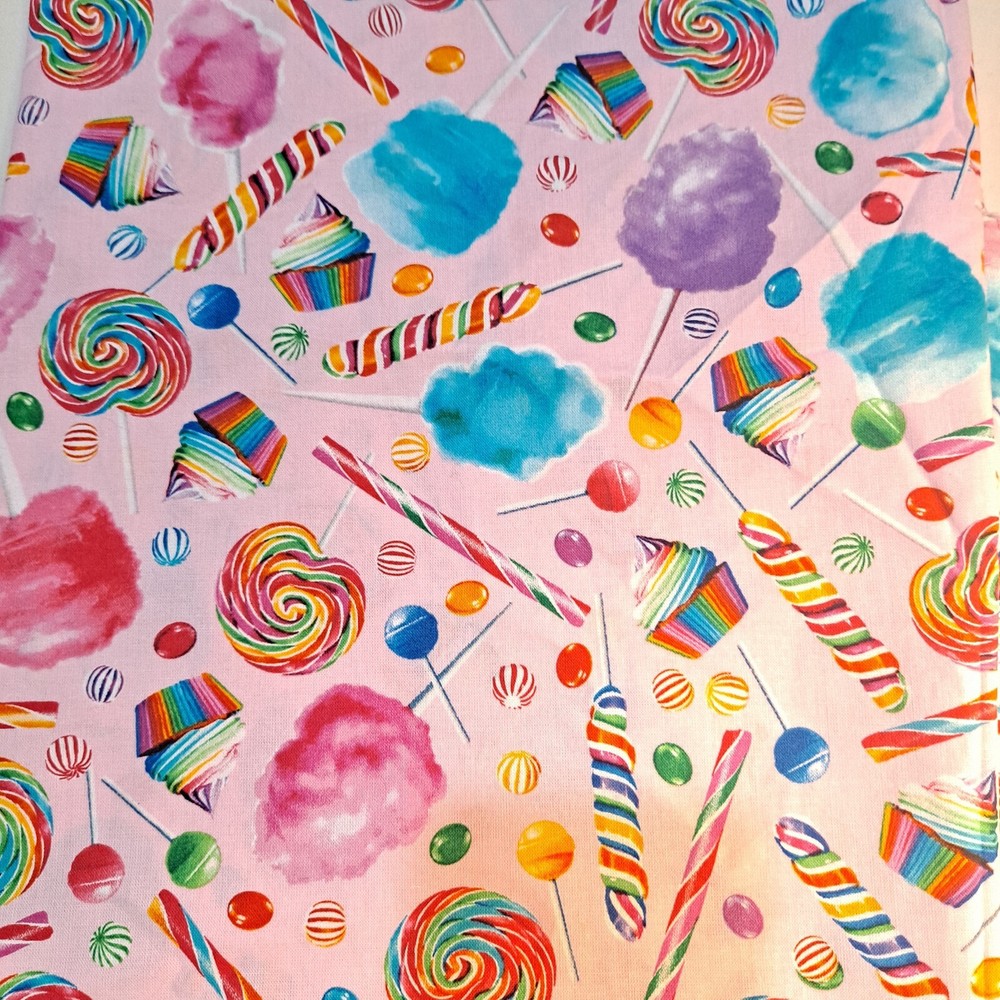 Candy Store Cotton Fabric 27″ X 44″ Pink Cupcake Lollipop Cotton Candy