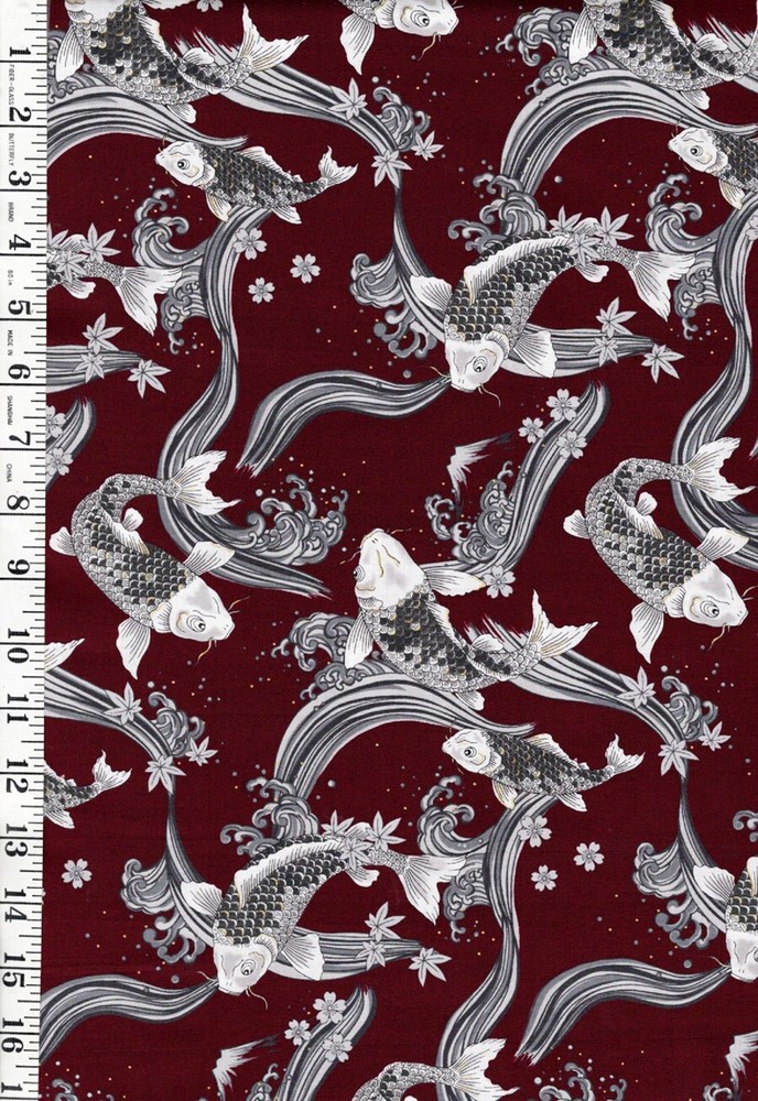 Japanese-Cosmo Stylized Koi, Mt. Fuji & Grt Wave – SP3700-2C-Maroon-By Half Yard