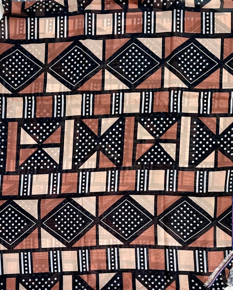 African Print, Chiffon Fabric – Black, Brown, Beige “Soro Soke”, ~2 Yards