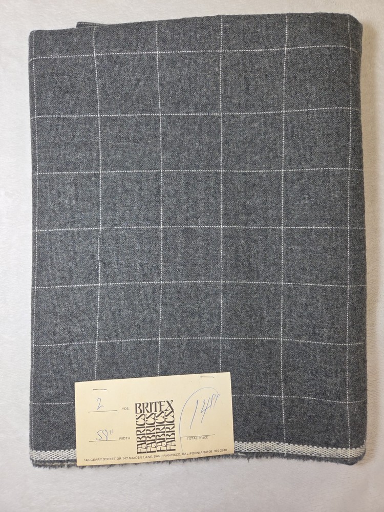 Vtg BRITEX Fabric Wool? Gray White Windowpane 2 Yards 58″ Wide