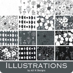 Moda ILLUSTRATIONS 11502 15 Black White Ink Floral ALLI K DESIGNS Quilt Fabric