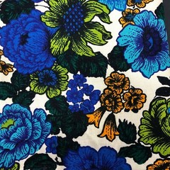 Vtg Riegel Material Fabric BOLD Floral Blue Green 2.5 Yd MCM Mid Century Tablecl