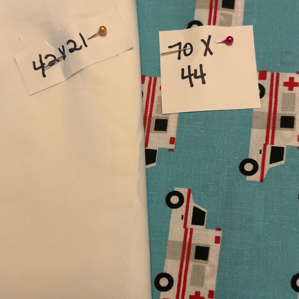 Ambulance Print and Solid White Cotton Fabric Bundle 2.52 Total Yards Teal Red