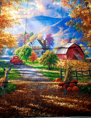 36×44 Fabric Panel Autumn Country Harvest Pumpkins Deer Red Barn DAVID TEXTILES