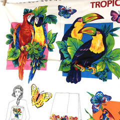 Fabric panel Tropical Island Appliques Cut Sew Birds Fish Butterflies Parrothead