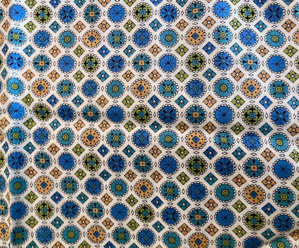 VTG Mid Century SM Scale Geometric Tiles Yellow Blue & Green on White 36 X 26″