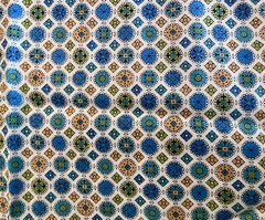 VTG Mid Century SM Scale Geometric Tiles Yellow Blue & Green on White 36 X 26″