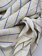 Stamped Beige Windowpane Blue Green Plaid Crepe Flowy Fabric 38.5″w X 60″ 1.6yd