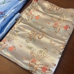 Asian Oriental Style Silk/ Faux Silk Fabric Blue W/ Flowers, Gold W/ Dragons Etc
