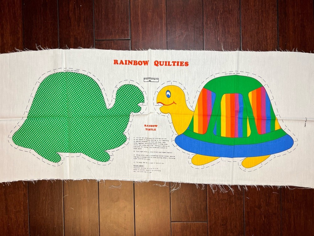 Vtg 80’s Cut & Sew Pillow Fabric Panel RAINBOW Quilties Turtle Green Back