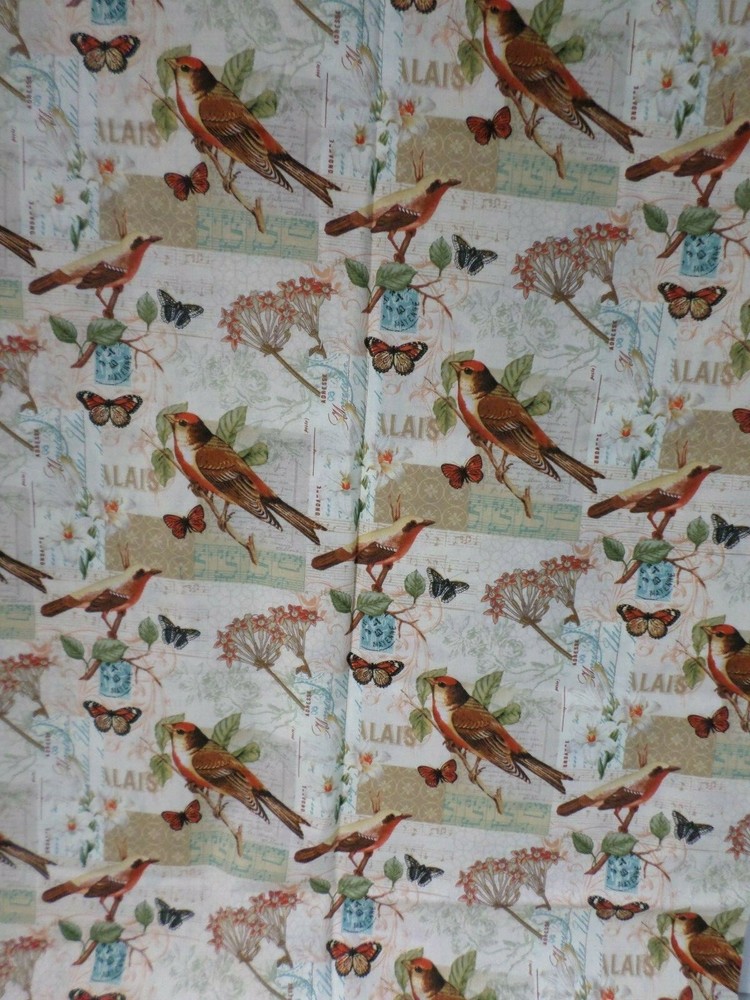 Floral Fabric Brown Multi Bird Butterfly Stamp on Tan Cotton Fabric SBTYx44