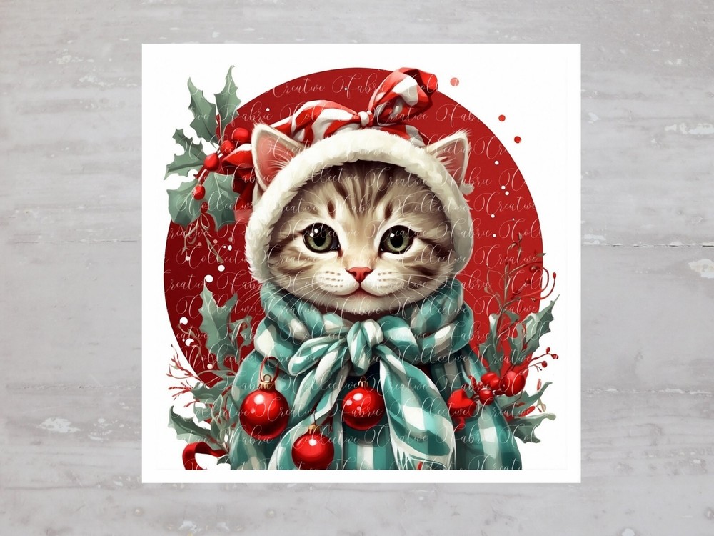 Christmas Kitten Green White Scarf Fabric Panel Craft Sewing Quilt Block A324