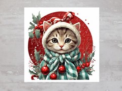 Christmas Kitten Green White Scarf Fabric Panel Craft Sewing Quilt Block A324