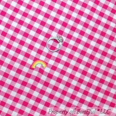 BonEful Fabric FQ Cotton VTG Pink White Sewing Embroidered Rainbow Check Gingham