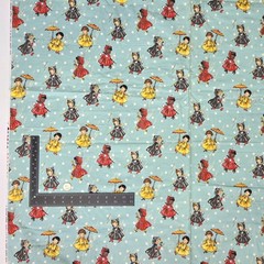 “Sweet Rain” Michael Miller Retro Girls Umbrellas Polka Dots Flannel Fabric BTY