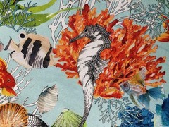 Aqua Sea World Coral Fabric Curtain Cotton Material Marine Seahorse Shell -140cm