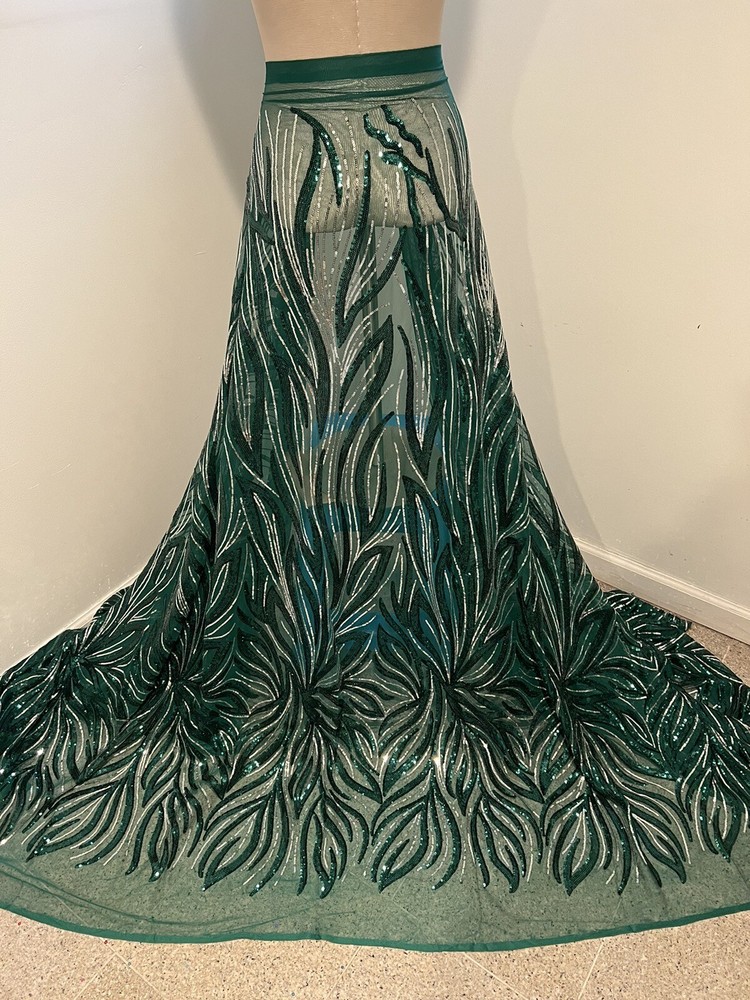 Green Silver Embroidered SEQUINS Lace fabric 50” Width Sold By The Yard