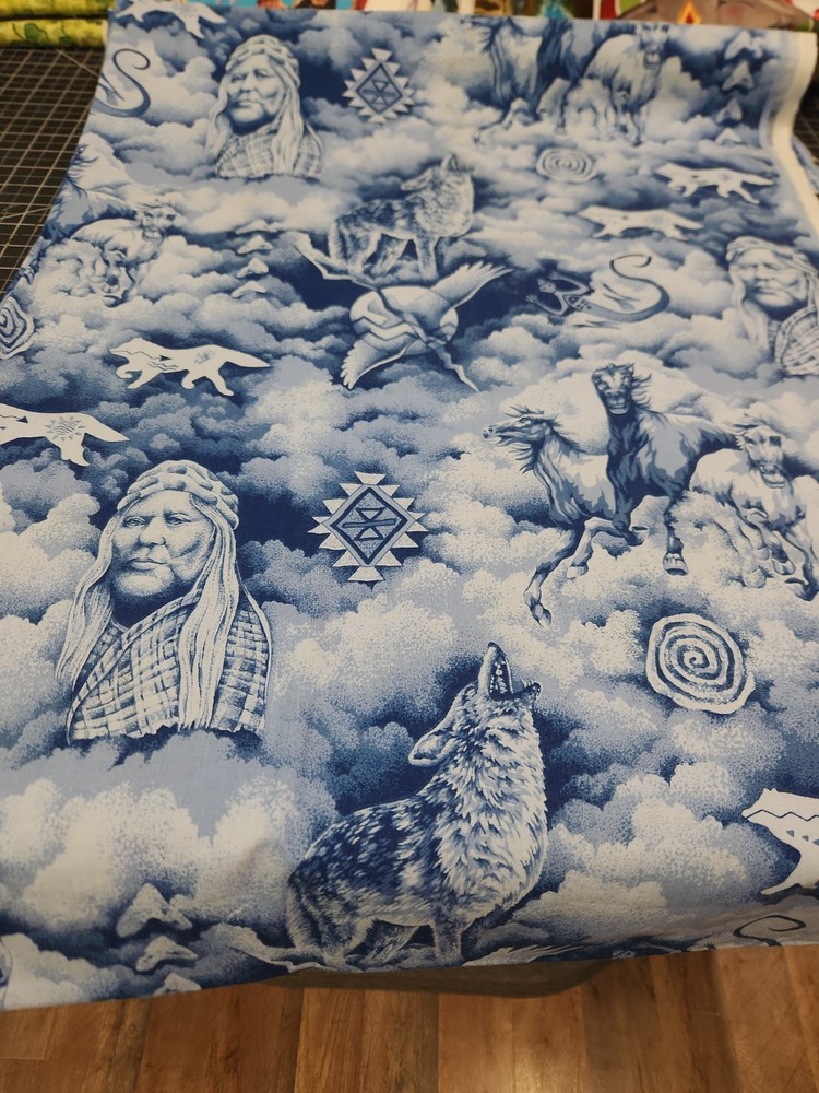 1.50 Yards Native American Indians Fabric Blues White 100 Cotton Horses Legacy