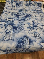 1.50 Yards Native American Indians Fabric Blues White 100 Cotton Horses Legacy