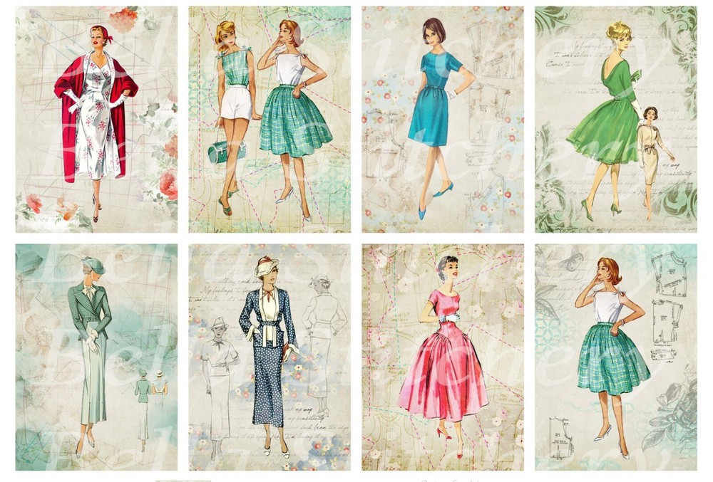 Set of 8 Vintage Retro Ladies Fashion 50’s Collage Cotton Fabric Blocks