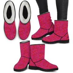 Faux Fur Bright Fuscia and Red Poppy Paisley on Plaid Boots