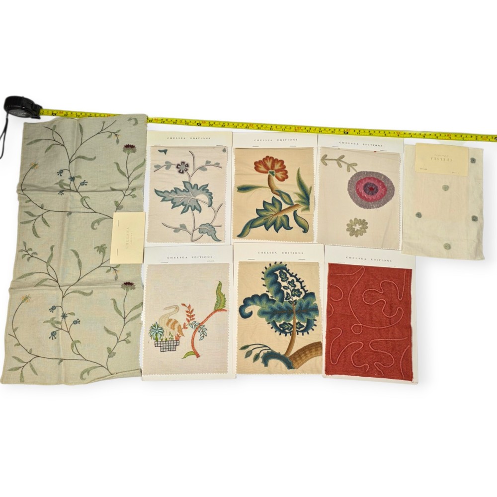 Chelsea Editions Embroidered Fabric Samples Lot of 8 Linen Textile Swatches
