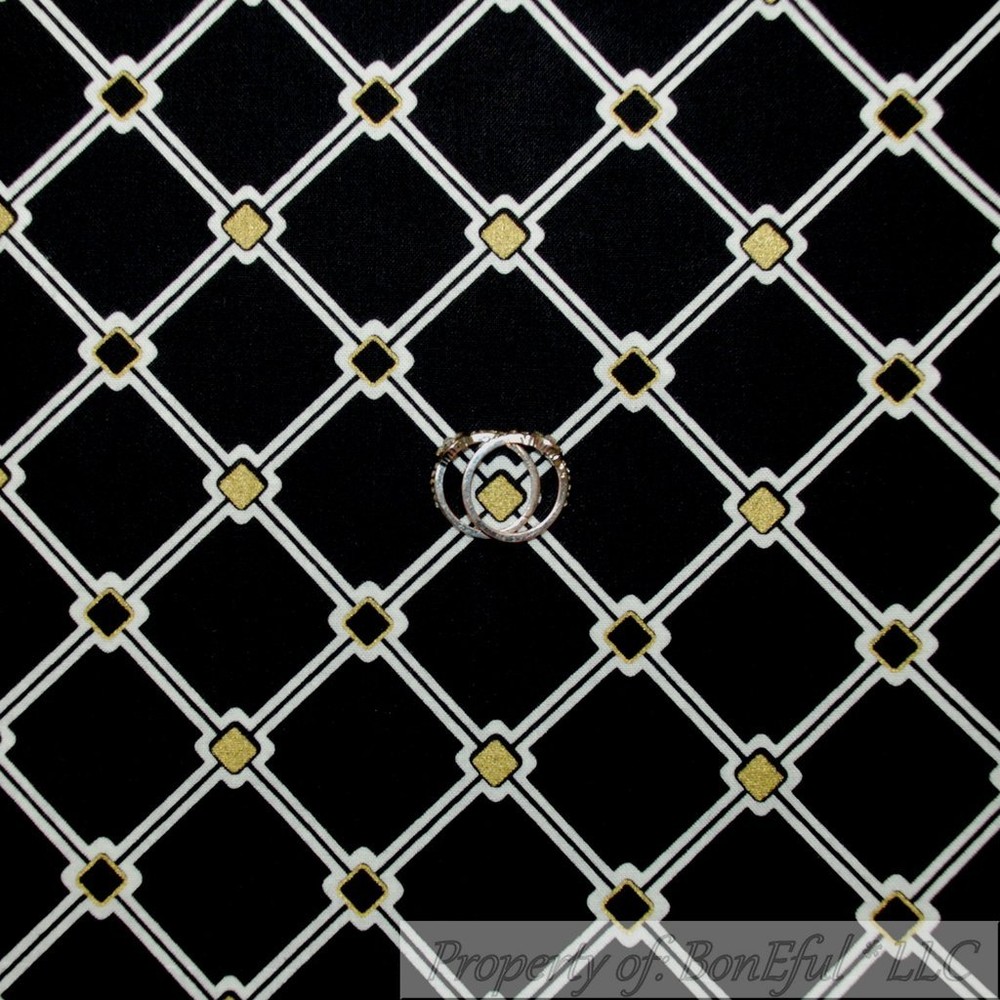 BonEful Fabric FQ Cotton Quilt Black White B&W Gold Chevron Stripe Block Square