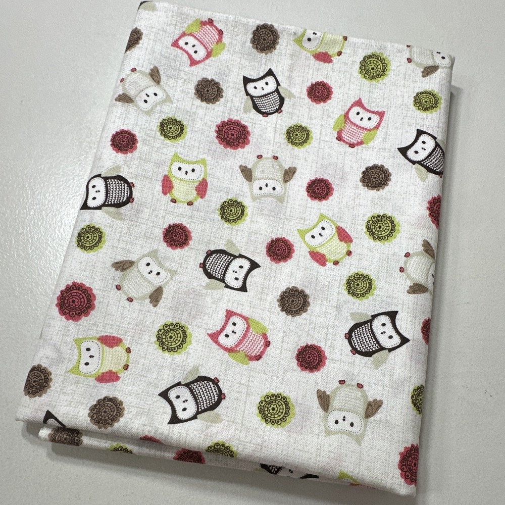 Owl Print Cotton Fabric Owls Theme White w/ Multicolor Owls & Circles 1 yd