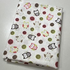 Owl Print Cotton Fabric Owls Theme White w/ Multicolor Owls & Circles 1 yd