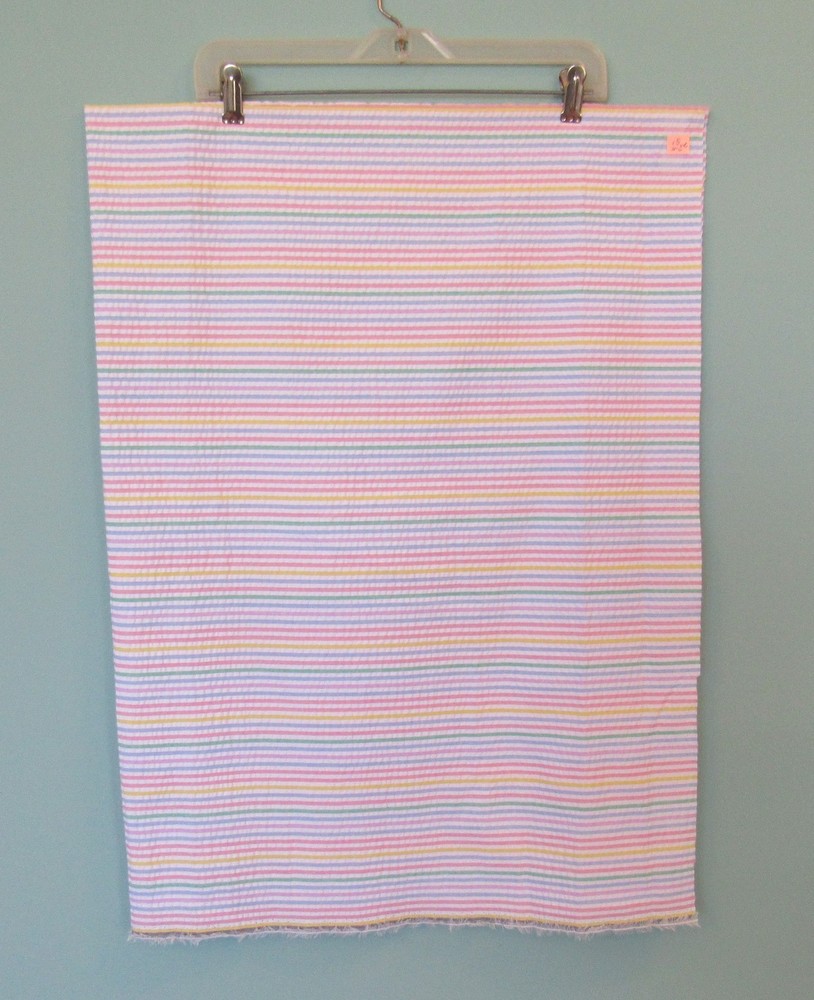 VINTAGE PASTEL MULTICOLOR SEERSUCKER STRIPED COTTON FABRIC 1 1/3 YARDS 58″ WIDE